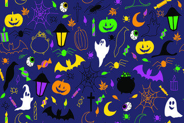 Halloween seamless pattern. Hand drawn vector 
illustration with pumpkins, bats, candies and other things. 
