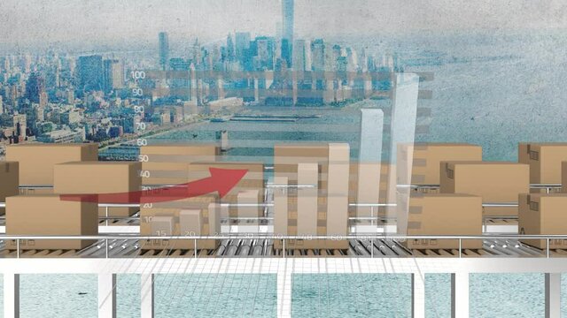 Animation of statistics processing over cardboard boxes on conveyor belts