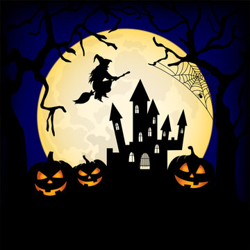 Silhouette of spooky castle and witch on a broom against the background of a full moon.