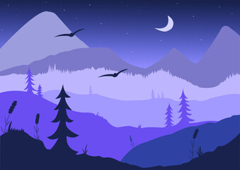 Night landscape vector illustration of spruce forest (flat stile)

