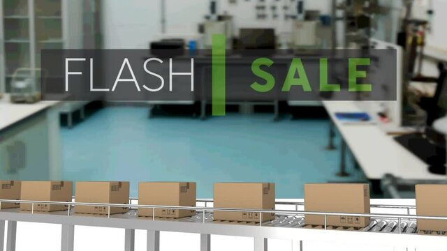 Animation of flash sale text over cardboard boxes on conveyor belt