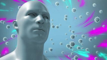 Animation of falling covid 19 cells over human head and lights - Powered by Adobe