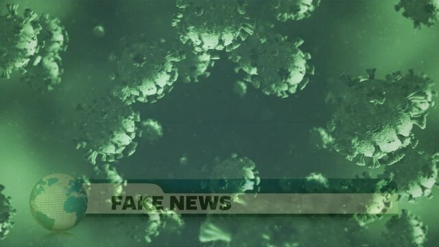 Animation Of Falling Covid 19 Cells Over Fake News Text