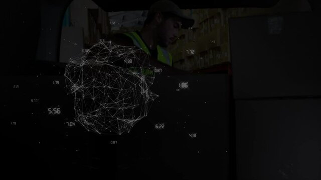 Animation of globe of connections over delivery man with cardboard box