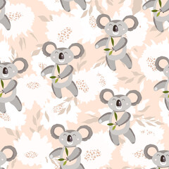 Naklejka premium Seamless pattern with cute koala baby and flowers on color background. Funny australian animals. Card, postcards for kids. Flat vector illustration for fabric, textile, wallpaper, poster, paper.