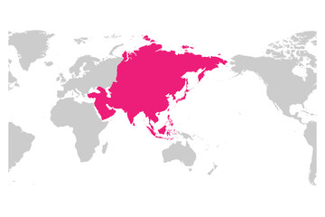 Asia continent pink marked in grey silhouette of World map. Centered on Asia. Simple flat vector illustration.