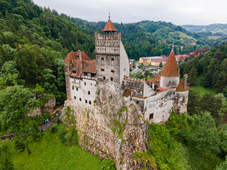 Obraz premium Aerial view of Dracula castle, romanian famous transylvania