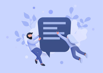 Small people flying around chat bubble. Talking couple. Online messenger or contacts sign concept.