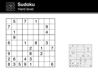 Sudoku. Hard level. Black and white, with solution. Sudoku icon.