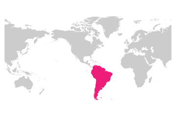 Fototapeta na wymiar South America continent pink marked in grey silhouette of World map. Simple flat vector illustration.
