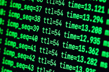 Green console text on black background, computer screen concept. Code, hacking, virus, cyberspace.