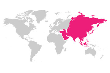 Fototapeta na wymiar Asia continent pink marked in grey silhouette of World map. Simple flat vector illustration.