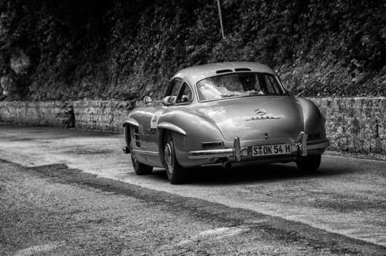 PESARO, ITALY - May 23, 2019: Silver Mercedes 300 Sl In Mille Miglia Vintage Car Race