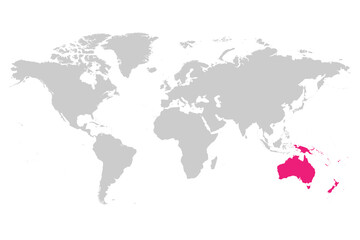 Australia continent pink marked in grey silhouette of World map. Simple flat vector illustration.
