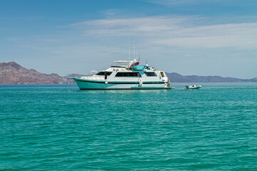 A yacht on the sea of Cortes near Loreto in the state of Baja California Sur. Mexico summer vacation concept