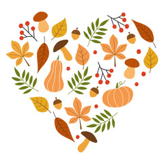 Autumn pattern in the shape of a heart. Vector composition with leaves, mushrooms, berries and pumpkins. Perfect for the design of T-shirts, notebooks or for seasonal banner