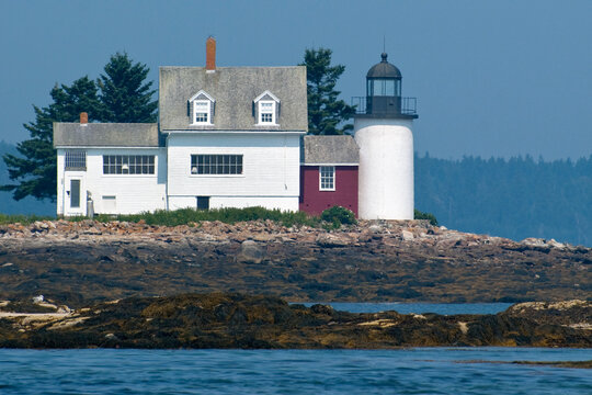 Blue Hill Bay lighthouse, also reffered to as Eggemoggin light, at low tide in Maine.