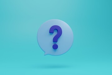 large blue question mark in 3d style illustration with light blue background in round dialog box