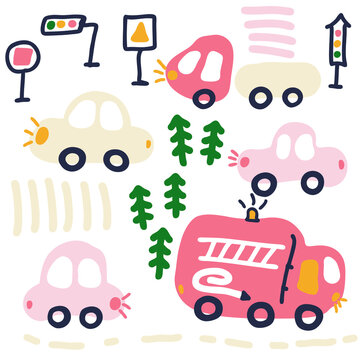 Pastel colored vector collection of cars, trucks, road signs and traffic lights. Perfect for stickers, textile and prints. Doodle style illustration for decor and design.
