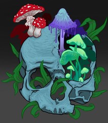 skull in flowers and mushrooms sketch