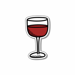 glass of red wine doodle sticker icon, vector color line illustration