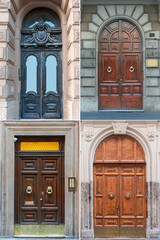 four wooden doors with a beautiful decorative finish in the historical part of various European cities