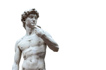 copy of the marble sculpture of David Michelangelo isolated on white background. Ancient greek sculpture, hero statue - 451877597