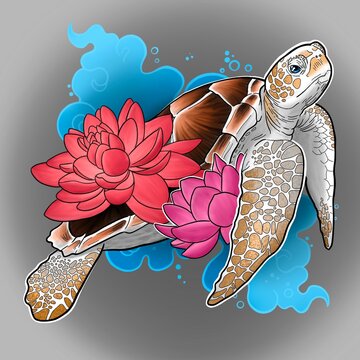 sketch of a turtle with delicate lotuses