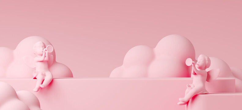 Minimal mock up product background for love and Valentine concept. Angel with the trumpet on pink step podium. 3d render illustration. Clipping path of each element included.