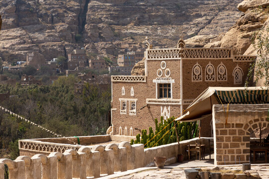 Dar al-Hajar in Wadi Dhahr, a royal palace on a rock. one of the most iconic Yemeni buildings. traditional Yemeni heritage architecture design details in historic Sanaa town and buildings in Yemen.