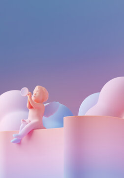 Minimal mock up product background for love and Valentine concept. Angel with the trumpet on step podium. 3d render illustration. Clipping path of each element included.