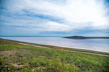 Fototapeta na wymiar Lake Koyashskoye. A pink-orange lake in the foreground