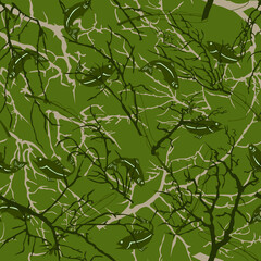 
Fishing print on a green background with tree branches. Vector pattern. Forest print clothing. Leisure.