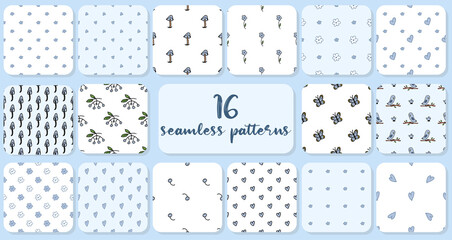 Big set of 16 seamless patterns. Doodle style hand drawn. Blue flowers, hearts, owls on a branch with a flying chicks, cranberries, butterflies, mountain ash, toadstools and fly agarics.