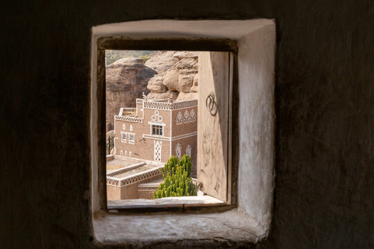 Dar al-Hajar in Wadi Dhahr, a royal palace on a rock. one of the most iconic Yemeni buildings. traditional Yemeni heritage architecture design details in historic Sanaa town and buildings in Yemen.