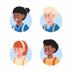 Set of children avatars. Back to school. Bundle of smiling faces of boys and girls with different hairstyles, skin colors and ethnicities. Colorful flat vector illustration isolated on white backgroun