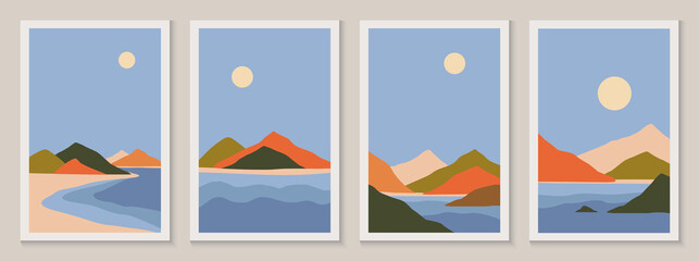 Abstract contemporary aesthetic landscapes set with Sun, Sea, moon, mountains. Collection of contemporary art print templates. Nature backgrounds for social media, poster.