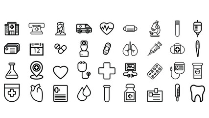Set Medicine and Health icons. nurse, ambulance, heart, surgical mask, microscope, blood, vaccines, lungs, etc. Collection healthcare medical sign icons.