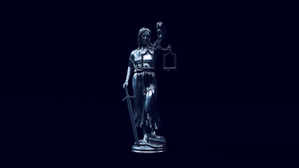 Obraz premium Silver Lady Justice Statue Antique Impartiality Judicial System Balance Blindfold judge Blue Front 3d illustration render 