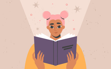 Woman reading a book. Girl enjoying literature, story. Studying, learning, self education, bookworm concept. International literacy day, book fair or festival. Trendy isolated vector illustration