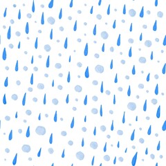 Seamless pattern from hand drawn watercolor blue rain drops.