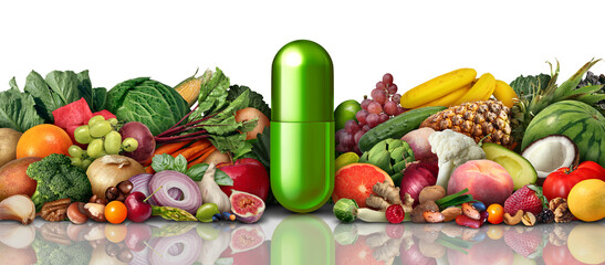 Natural Vitamin nutrition and supplements as a capsule with fruit vegetables nuts and beans inside a nutrient pill as a naturally sourced medicine health treatment - obrazy, fototapety, plakaty
