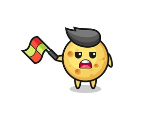 round cheese cartoon as the line judge hold the flag up at a 45 degree angle