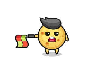 round cheese character as line judge hold the flag straight horizontally