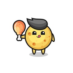 round cheese cute mascot is eating a fried chicken