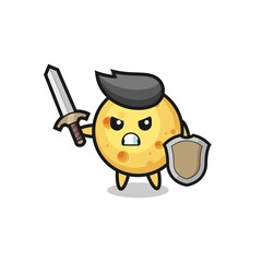 cute round cheese soldier fighting with sword and shield