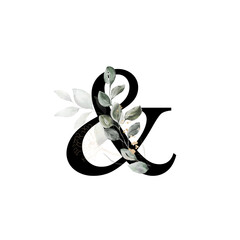 Capital letter & decorated with golden flower and leaves. Letter of the English alphabet with floral decoration. Green foliage.