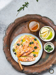 Salmon carpaccio. Salmon marinated in lemon. Top view