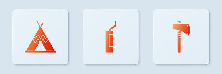 Set Dynamite bomb, Indian teepee or wigwam and Tomahawk axe. White square button. Vector © Oksana