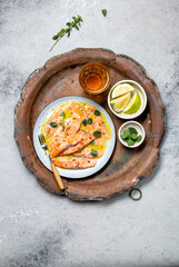 Salmon carpaccio. Salmon marinated in lemon. Top view